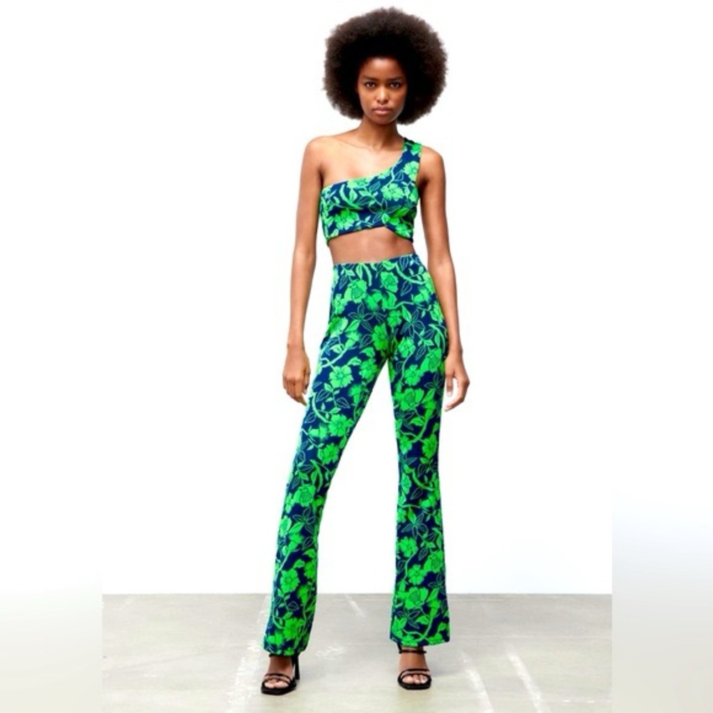 NWT ZARA 2 piece jumpsuit set crop top high waist flare pants size S blue green